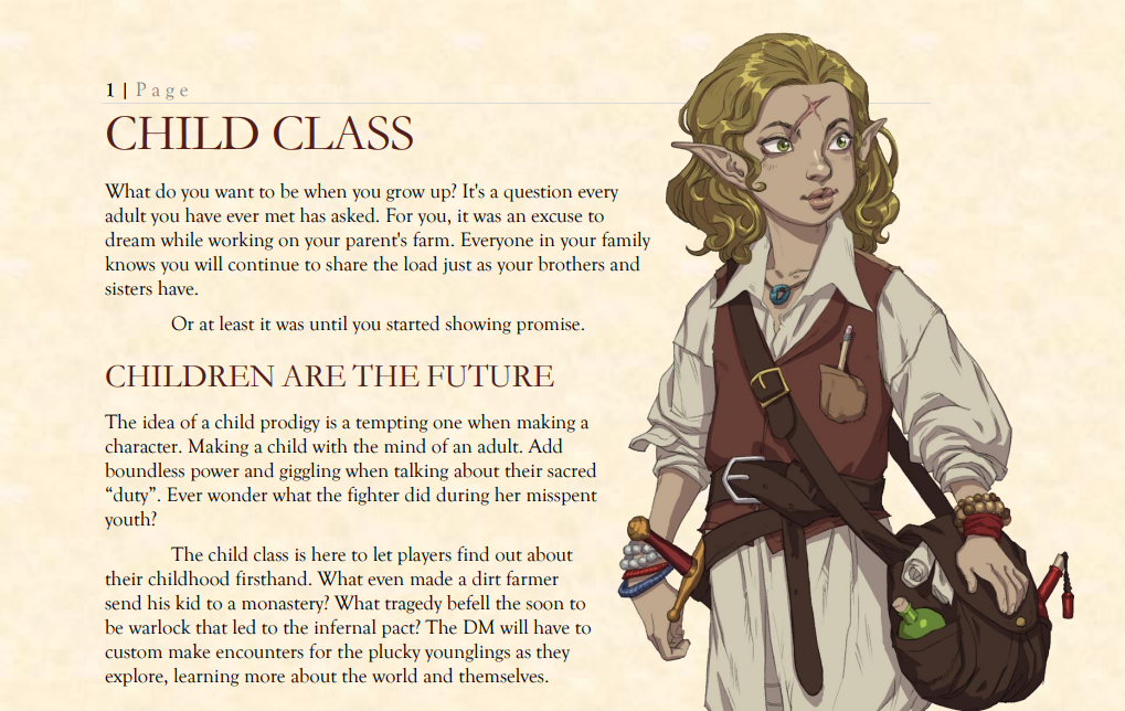 Opening page of the Child Class supplement — half-elf child adventurer with satchel and bandolier of tools.